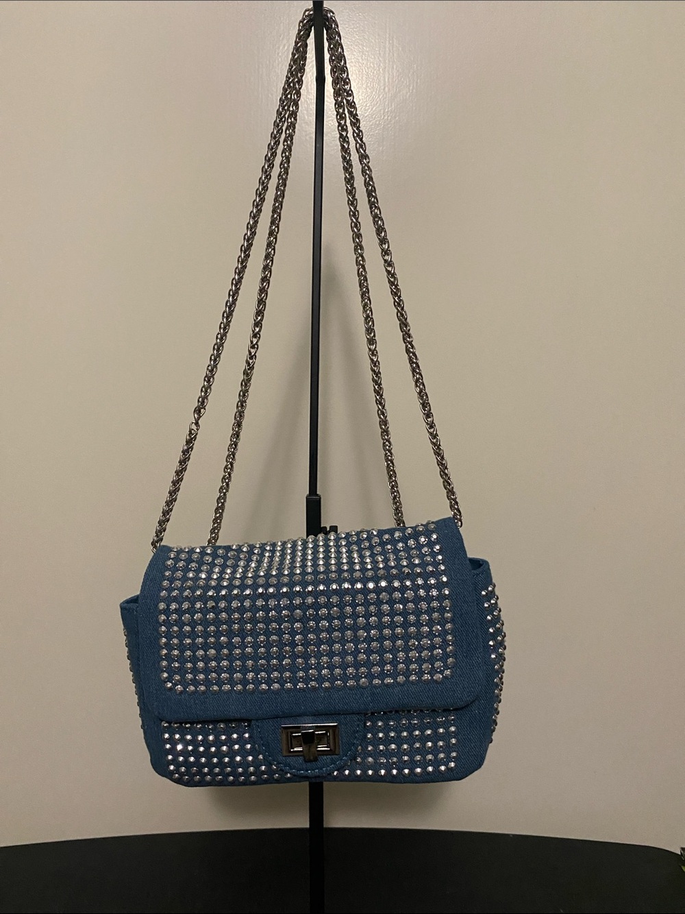 Studded Blue Denim Crossbody Shoulder Bag